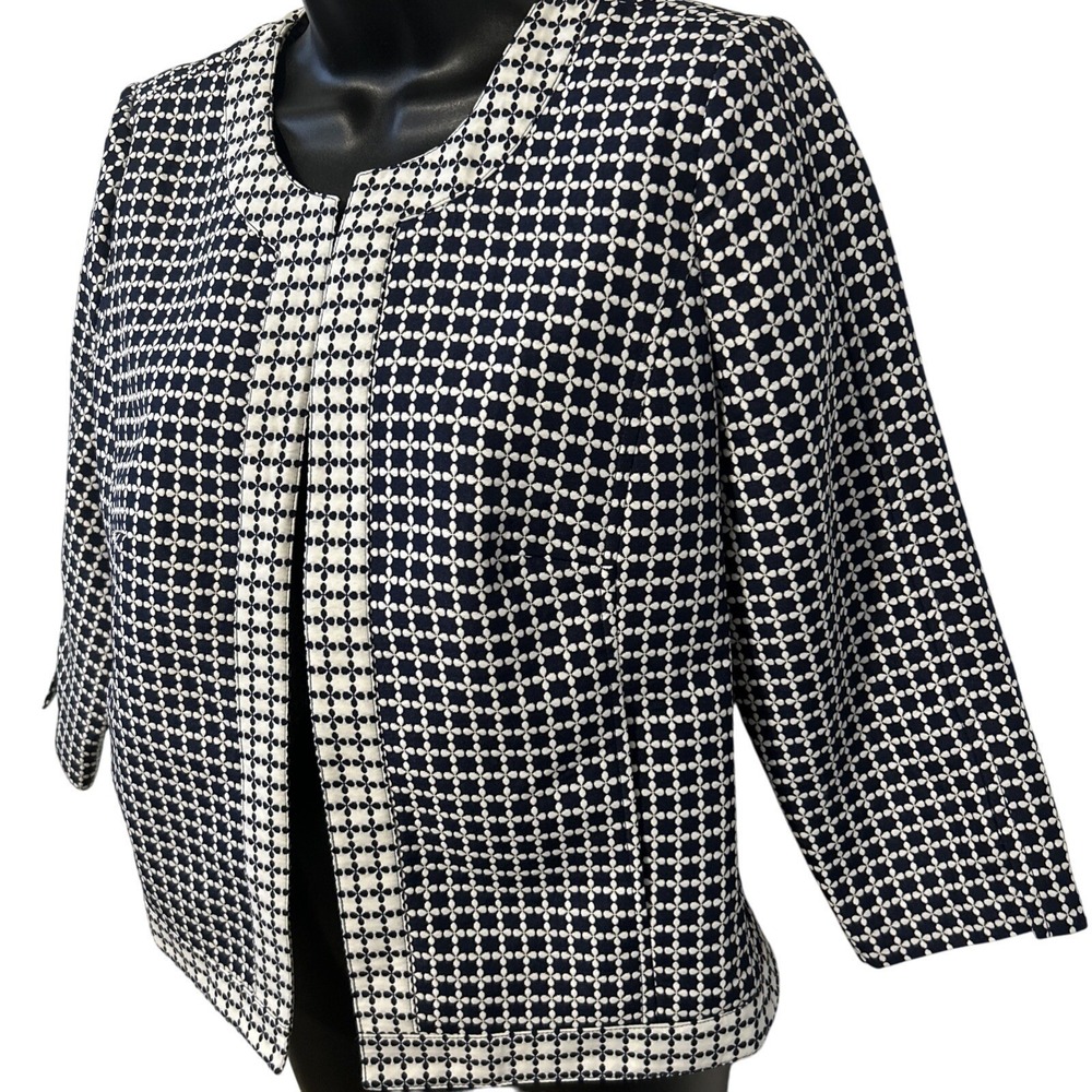 Laundry by Shelli Segal Navy White Geometric Open Front Blazer Jacket Womens 6